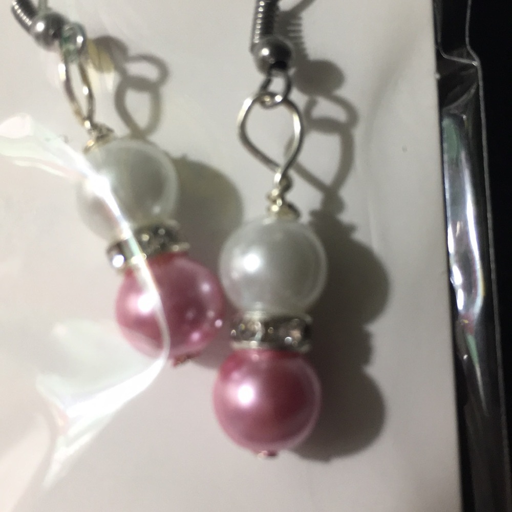 Pastel pink and white faux pearl fishhook earrings
